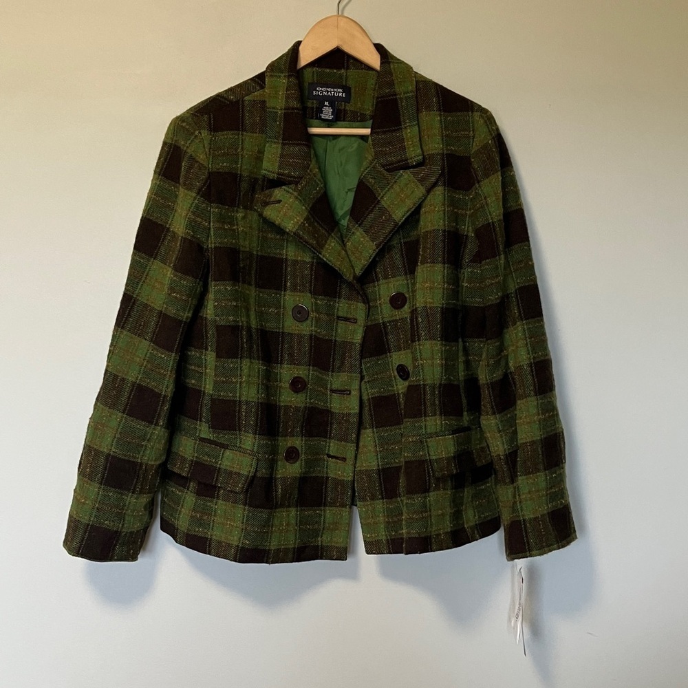 NWT Jones New York Green and Brown Plaid Women's Wool Blazer